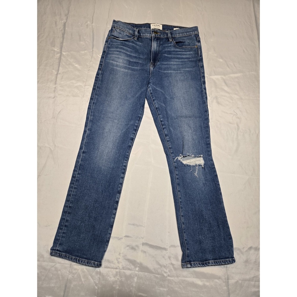 Frame le High Straight‎ Med Blue Denim Jeans Women Size 27 High Rise Distressed